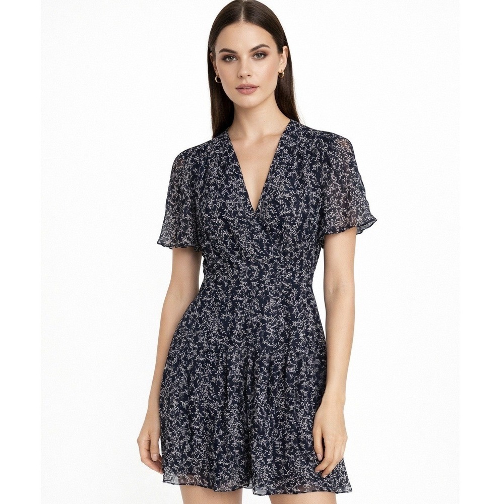 Equipment Femme Navy‎ Blue Silk Leaf Print Flutter Sleeve Mini Dress Size 2